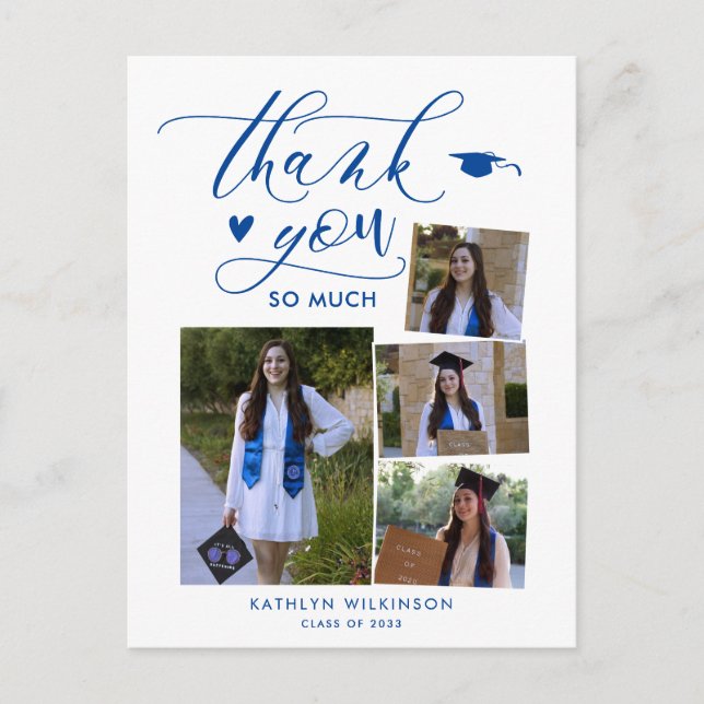 Elegant Blue 4 Photo College Graduation Thank You Postcard (Front)
