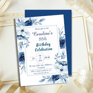 Elegant blue 55th birthday floral shades of blue invitation