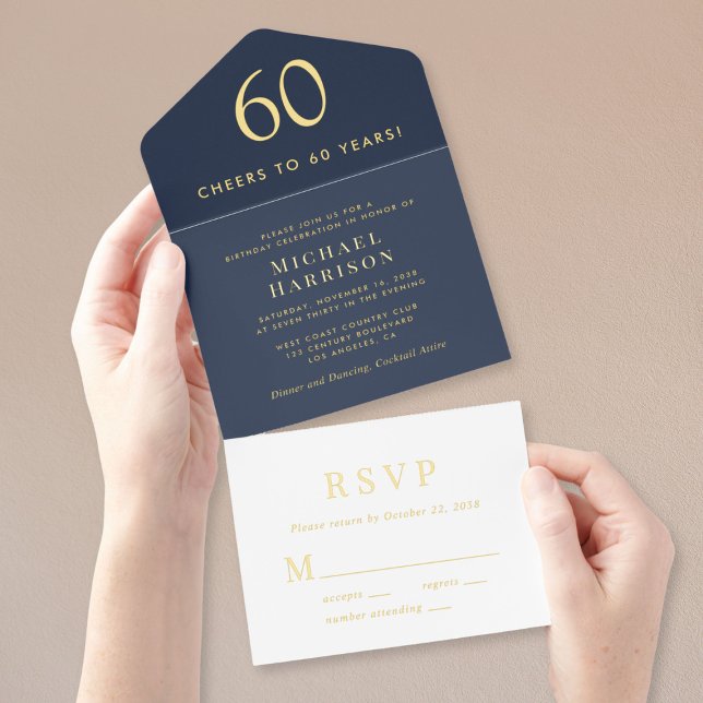 Elegant Blue 60th Birthday Party All In One Invitation (Creator Uploaded)