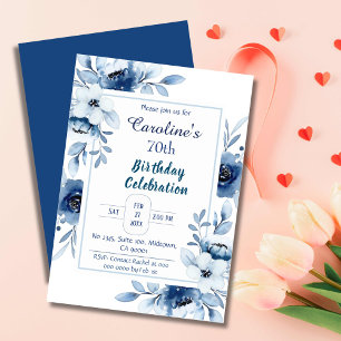 Elegant blue 70th birthday floral shades of blue invitation