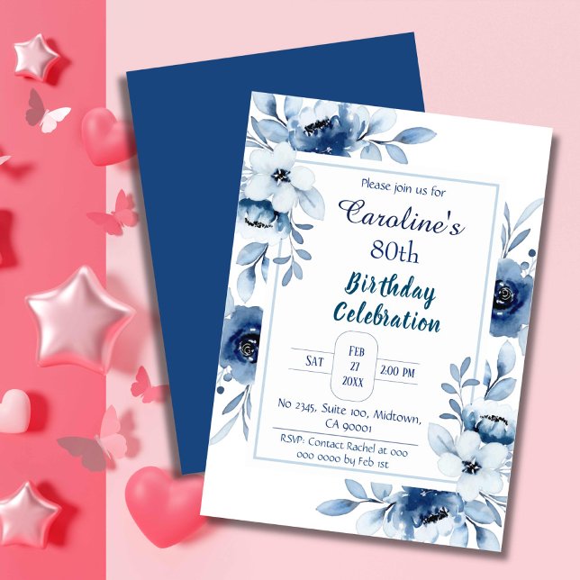 Elegant blue 80th birthday floral shades of blue invitation (Creator Uploaded)