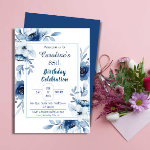 Elegant blue 85th birthday floral shades of blue invitation
