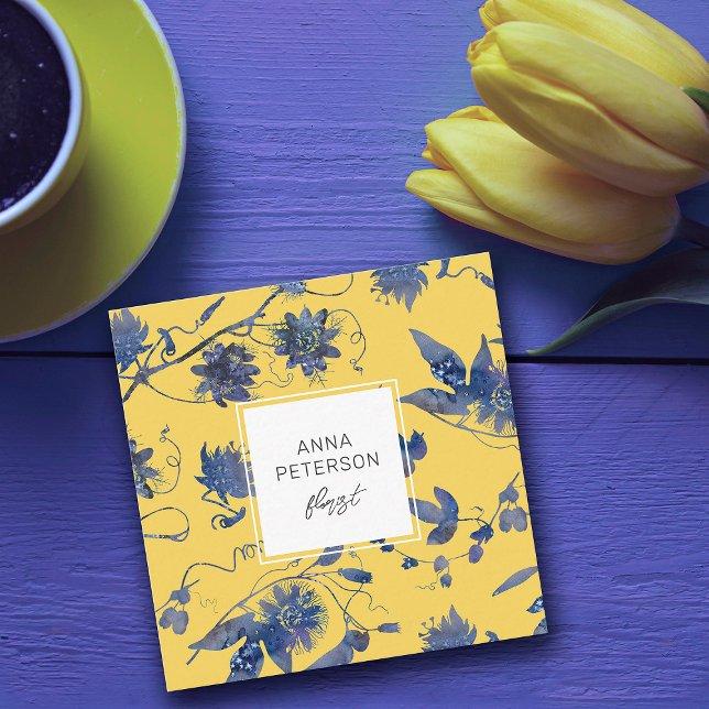 Elegant Blue Abstract Flowers Mustard Yellow Square Business Card (Creator Uploaded)