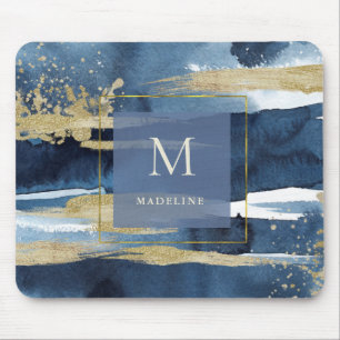 Elegant Blue Abstract Gold with Monogram Mouse Mat