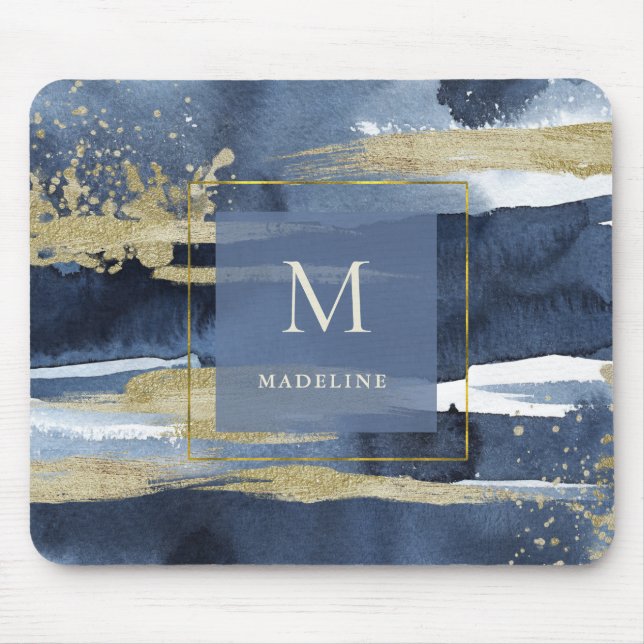 Elegant Blue | Abstract Gold with Monogram Mouse Mat (Front)
