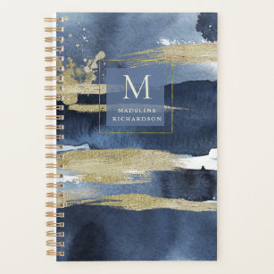 Elegant Blue   Abstract Gold with Monogram Planner