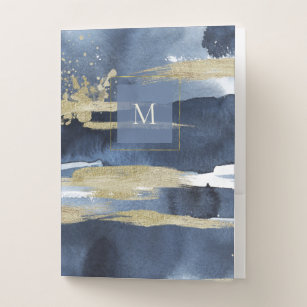 Elegant Blue   Abstract Gold with Monogram Pocket Folder
