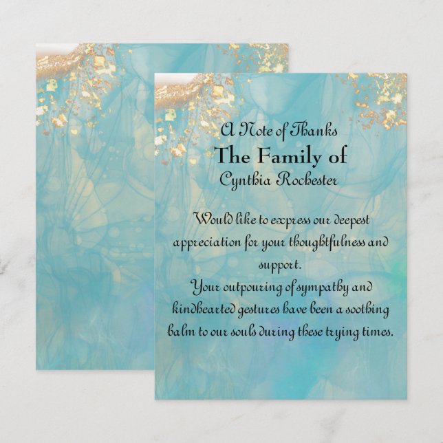 Elegant Blue Abstract Ocean Marble Memorial Thank You Card (Front/Back)