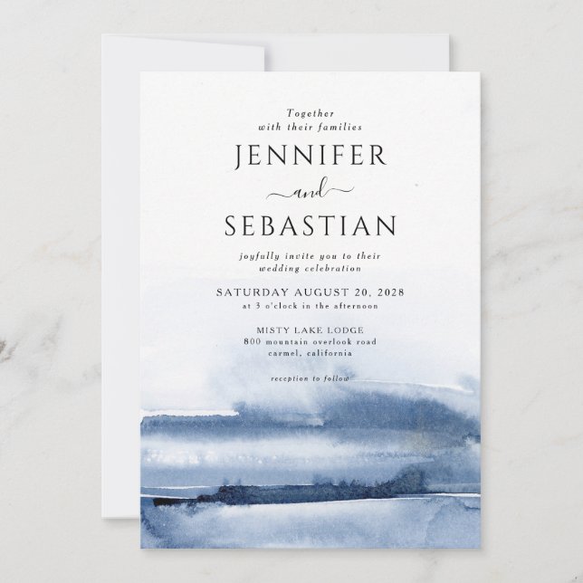 Elegant Blue Abstract Watercolor Ethereal Wedding Invitation (Front)