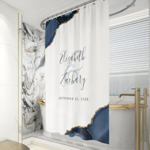 Elegant Blue Agate Gold Bride Groom Names Wedding Shower Curtain