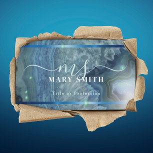 Elegant Blue Agate Green Glitter Script Monogram Business Card