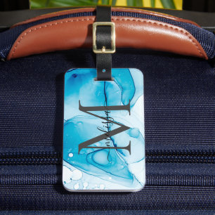 Elegant Blue Alcohol Ink Monogramed Luggage Tag