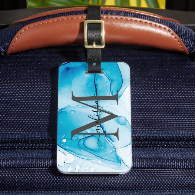 Elegant Blue Alcohol Ink Monogramed  Luggage Tag (Front Insitu 2)