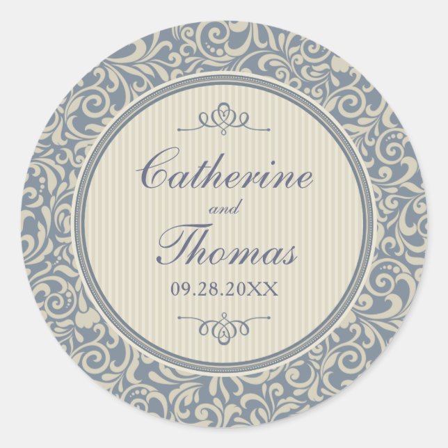 Elegant Blue and Beige Damask Pattern Wedding Classic Round Sticker (Front)