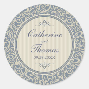 Elegant Blue and Beige Damask Pattern Wedding Classic Round Sticker