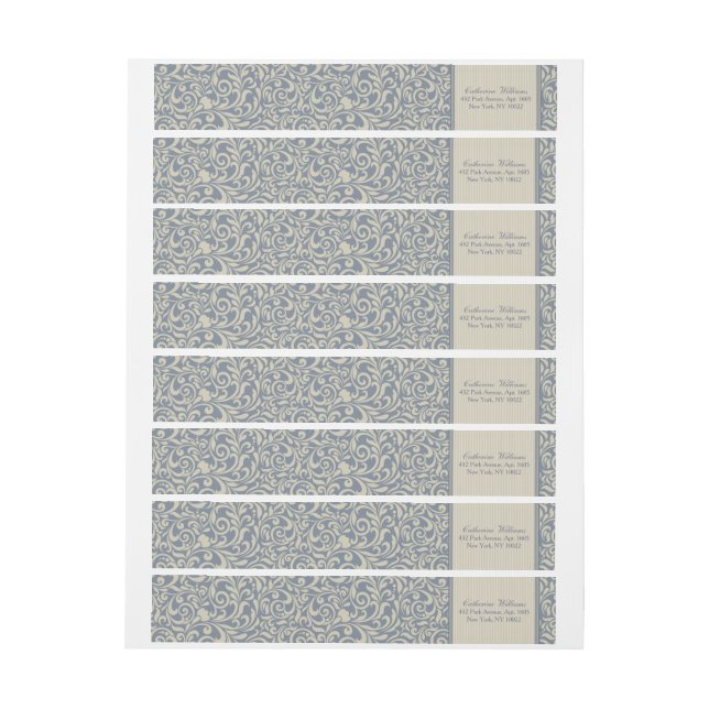 Elegant Blue and Beige Damask Pattern Wedding Wrap Around Label (Sheet)
