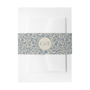 Elegant Blue and Beige Damask with Initials Invitation Belly Band