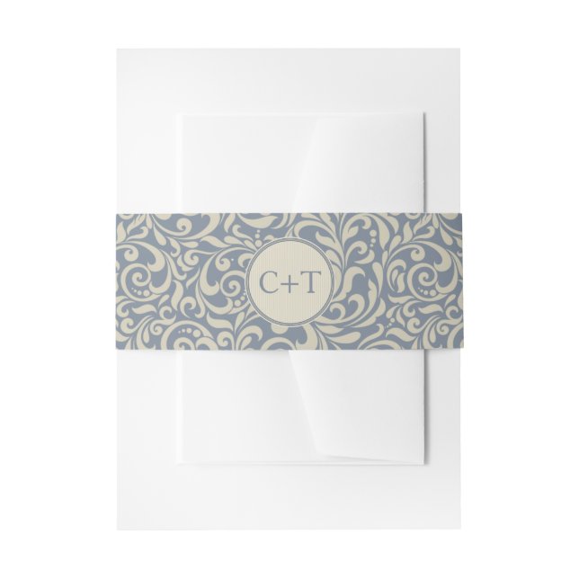 Elegant Blue and Beige Damask with Initials Invitation Belly Band (Front Example)