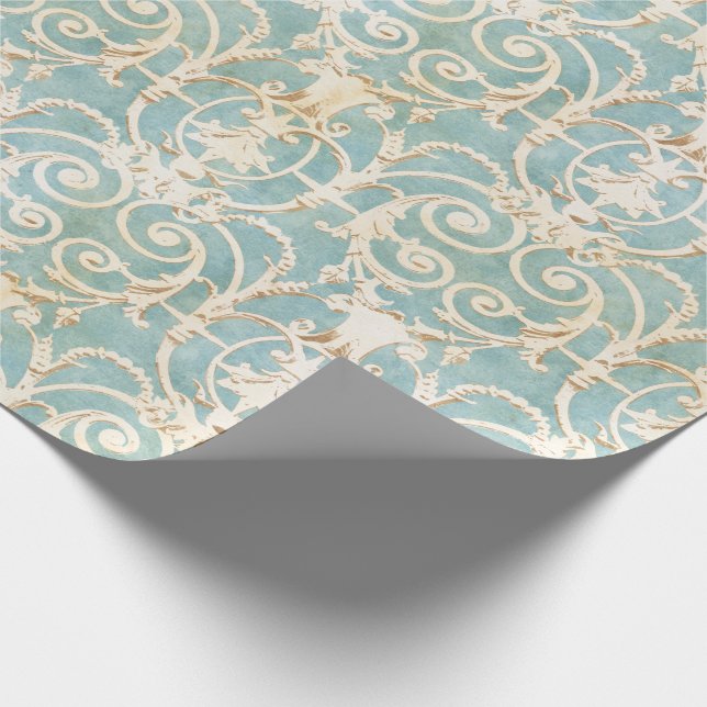 Elegant Blue and Beige Damask Wrapping Paper (Corner)