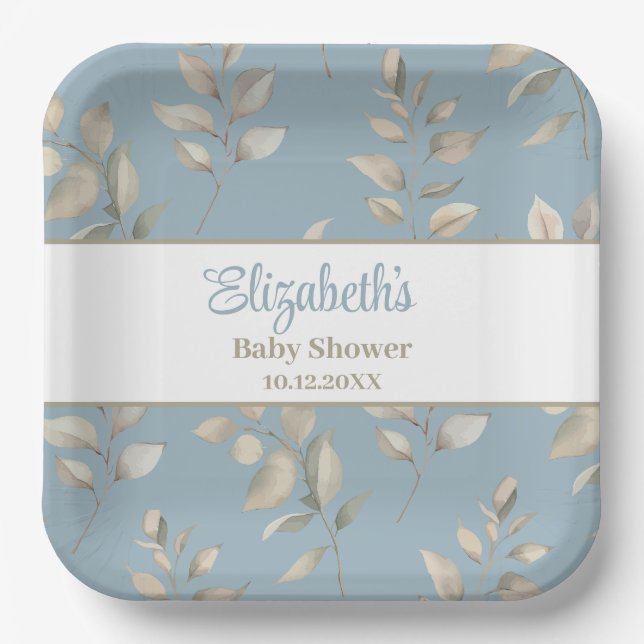 Elegant Blue and Beige Leaves Baby Shower Paper Plate (Front)