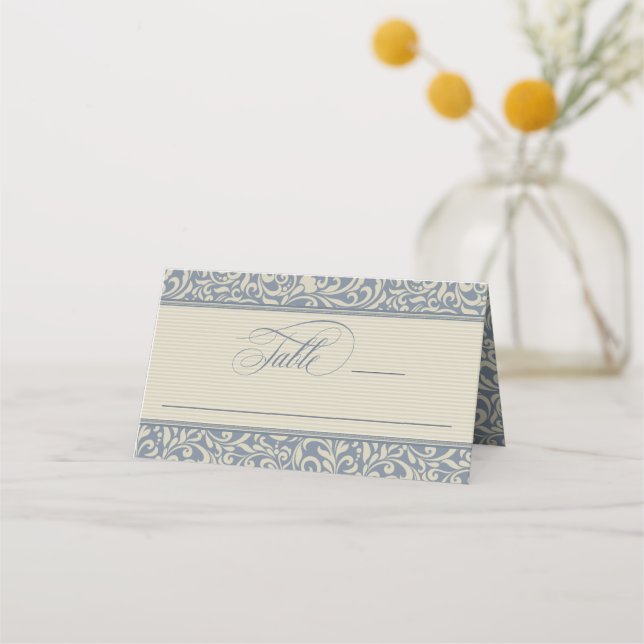 Elegant Blue and Beige Wedding Place Card (Front)