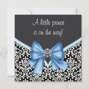Elegant Blue and Black Damask Prince Baby Shower Invitation