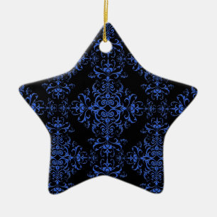 Elegant Blue and Black Floral Damask Style Pattern Ceramic Tree Decoration