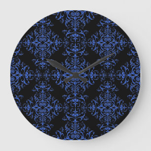 Elegant Blue and Black Floral Damask Style Pattern Large Clock