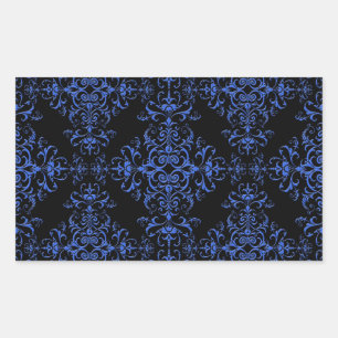 Elegant Blue and Black Floral Damask Style Pattern Rectangular Sticker