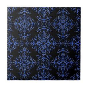 Elegant Blue and Black Floral Damask Style Pattern Tile