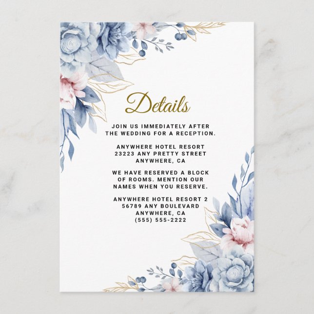 Elegant Blue and Blush Floral Wedding Enclosure Card (Front)