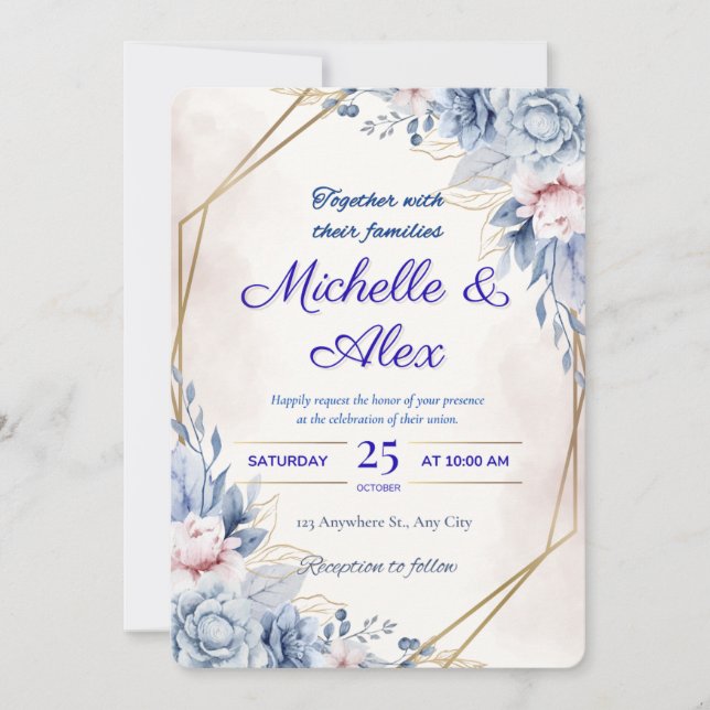 Elegant Blue and Blush Floral Wedding Invitation (Front)