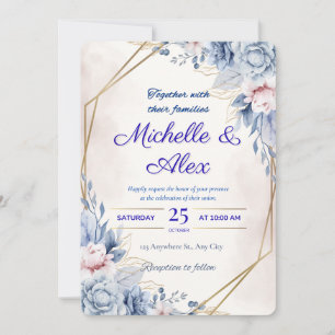 Elegant Blue and Blush Floral Wedding Invitation