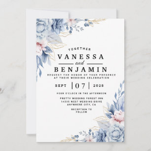 Elegant Blue and Blush Floral Wedding Invitation 