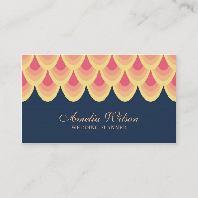 Elegant Blue and Blush Pink Geometric Social Media Business Card (Front)