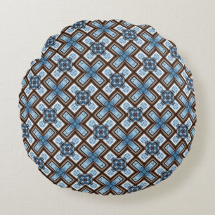 Elegant Blue and Brown Geometric Pattern Round Cushion