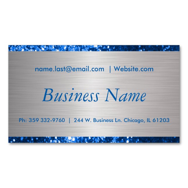 Elegant Blue and Brush Silver Steel Magnetic Business Card (Front)