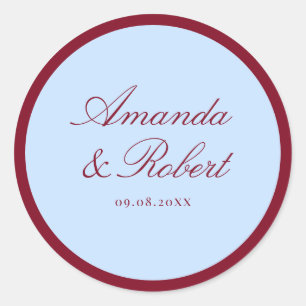 Elegant Blue and Burgundy Script Wedding Classic Round Sticker