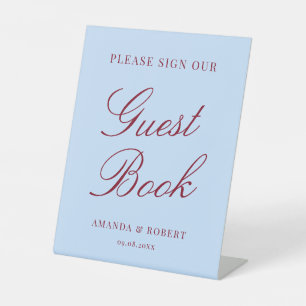 Elegant Blue and Burgundy Wedding Guest Book Pedestal Sign
