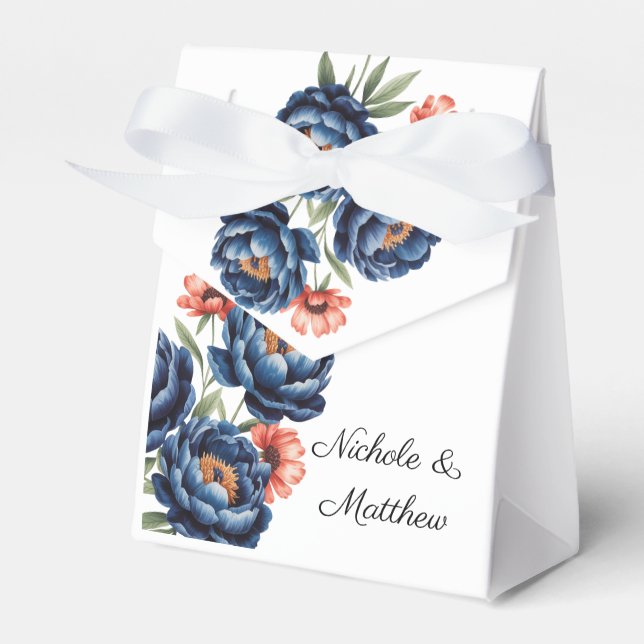 Elegant Blue and Burnt Orange Floral Wedding  Favour Box (Front Side)
