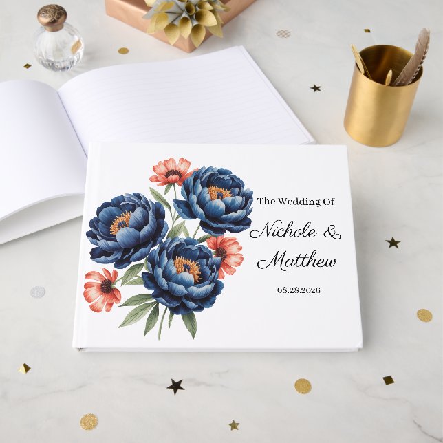 Elegant Blue and Burnt Orange Floral Wedding  Guest Book (Front Open)