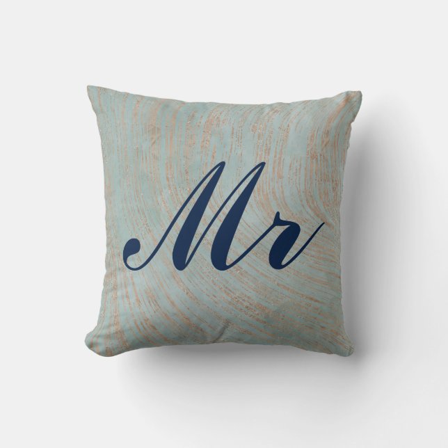 Elegant Blue and Copper Marble design Mr and Mrs Cushion (Front)