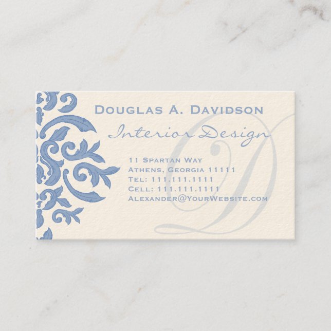 Elegant Blue and Cream Damask Letter D Business Card (Front)