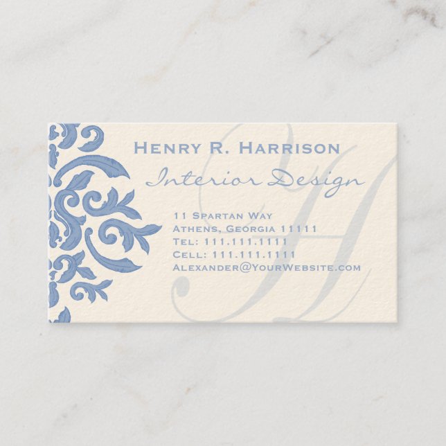 Elegant Blue and Cream Damask Letter H Business Card (Front)