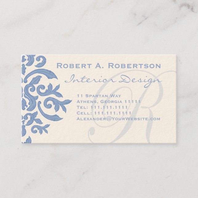 Elegant Blue and Cream Damask Letter R Business Card (Front)