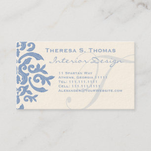 Elegant Blue and Cream Damask Letter T Business Card