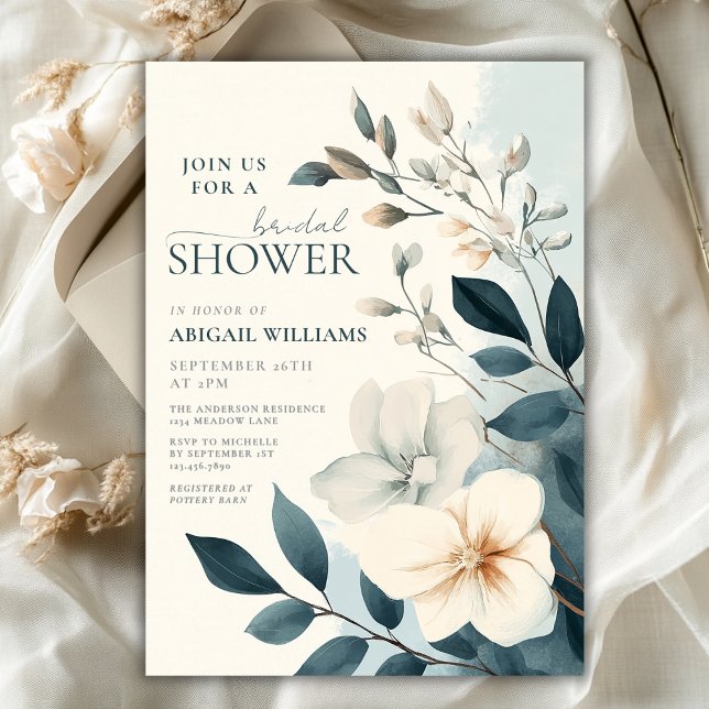 Elegant Blue and Cream Floral Bridal Shower Invitation (Elegant Blue and Cream Floral Bridal Shower Invitation)