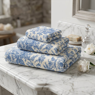 Elegant Blue and Cream Floral Toile de Jouy Bath Towel Set