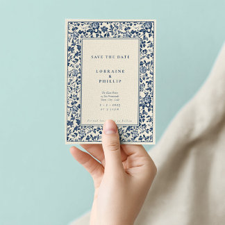 Elegant blue and cream floral vintage style save the date