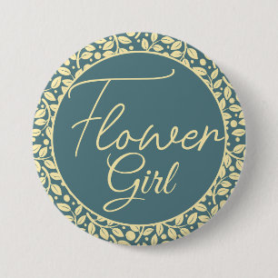 Elegant Blue and Cream Leaf Flower Girl 7.5 Cm Round Badge
